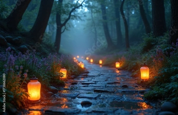 Fototapeta Magical forest path at night with many glowing orange lanterns along wet stone road. Dark trees, purple flowers, and mist create dreamy, mysterious atmosphere in deep woods, inviting adventure.