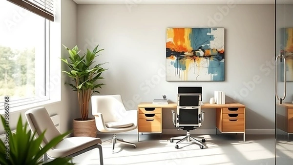 Obraz Modern office corner featuring contemporary furniture and abstract wall art.