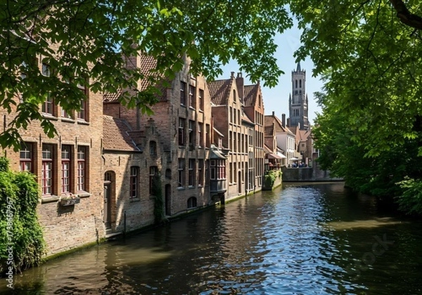 Fototapeta Bruges, West Flanders, Belgium, May 1, 2025 - Scenic canal view framed by green tree leaves showing colorful medieval houses with step-gabled facades and historic buildings along waterway.