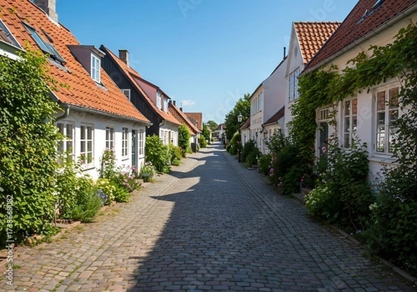 Fototapeta Strandgade, Dragør, Denmark—sunlit cobblestone lane lined with historic houses, red tile roofs and lush greenery under a blue summer sky; an idyllic Nordic village streetscape.