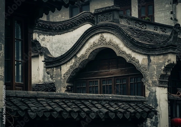 Fototapeta Close up of Arched Gables in Old Houses in Shanghai