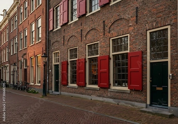Fototapeta Historic Dutch building with classic red wooden shutters on a windows. The brick facade and large windows with small panes are typical architectural elements of the Netherlands.