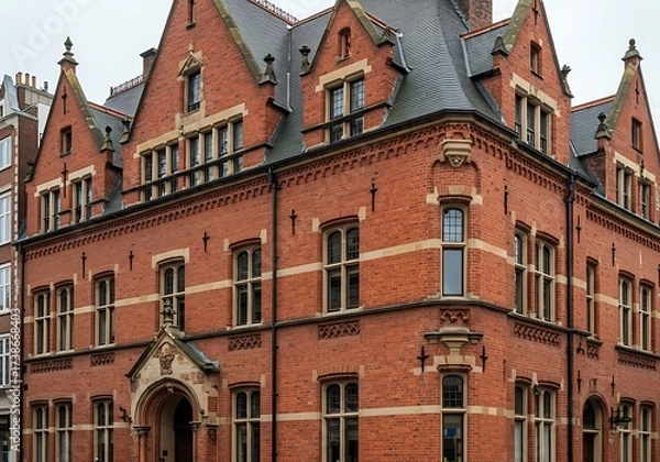 Fototapeta A detailed view of the Salisbury Building, showcasing its red brick facade and symmetrical architectural design. The structure features decorative gables