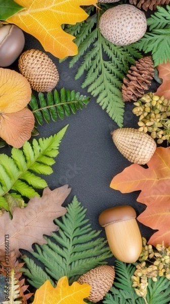 Fototapeta Colorful Leaves, Acorns, and Pine Cones Displaying Nature's Bounty in a Seasonal Collection of Textures and Tones