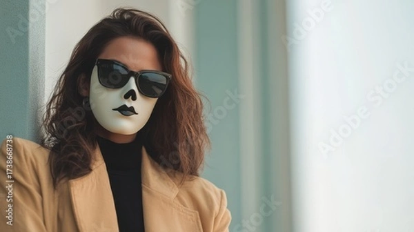Fototapeta Portrait of a Model with a Skull Mask and Sunglasses Captured in a Stylish Urban Environment