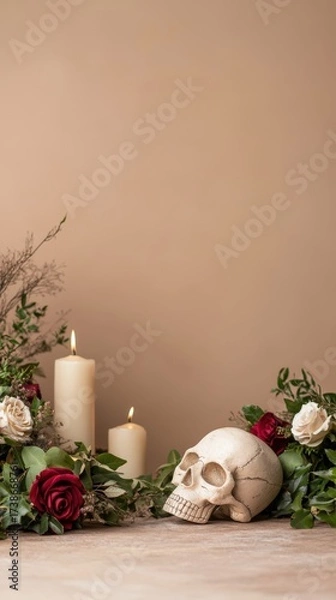 Fototapeta Skulls and Candles Surrounded by Roses and Greenery in a Serene, Earthy Setting for a Unique Aesthetic