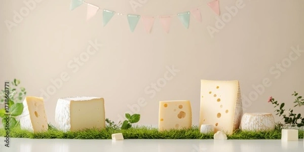 Fototapeta Arrangement of Various Cheeses Displayed on a Fresh Green Surface with Decorative Banners in a Bright Environment