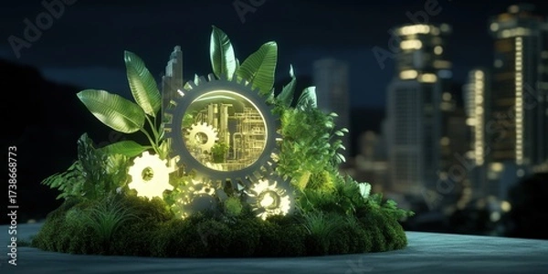 Fototapeta A Futuristic Fusion of Nature and Technology Showcasing Gears Surrounded by Lush Greenery and Cityscape