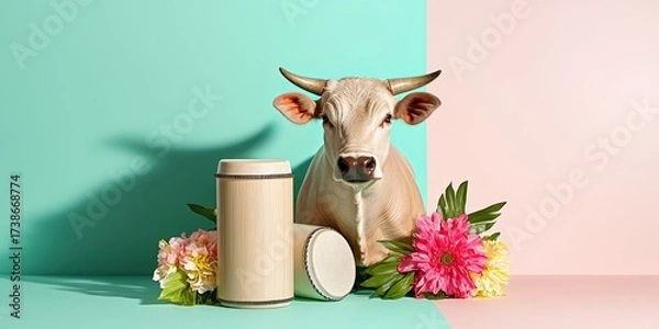 Fototapeta Cow Surrounded by Colorful Flowers and Decorative Containers Against a Soft Color Background