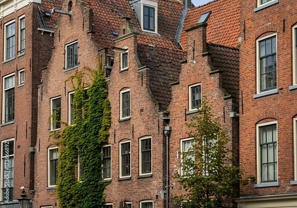 Fototapeta Historic red brick house facades with stepped gables close up in Haarlem, Netherlands, October 2024.