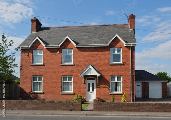 Fototapeta Editorial use only; a red brick two story house, with gable, taken at Longford, Ireland on August 6th, 2017.