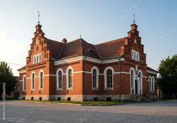 Fototapeta Tirgoviste, Romania - August 15, 2025 A red brick building with white trim, arched windows, and a gable roof, located on a paved area.