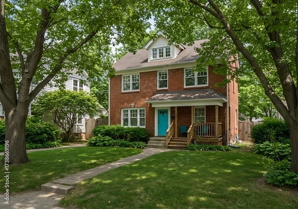 Fototapeta Exterior view of a two-story house with a red brick facade, white framed windows, and a dark tiled roof.