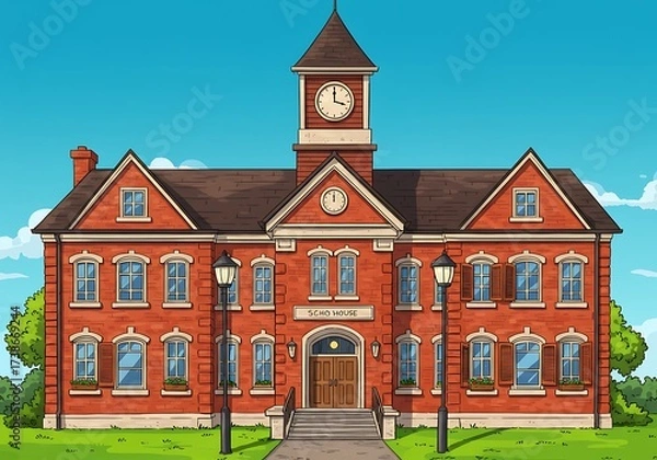 Fototapeta A cartoon illustration of a traditional two-story school building with a red brick facade, numerous windows, a central entrance, and a prominent clock on the front.