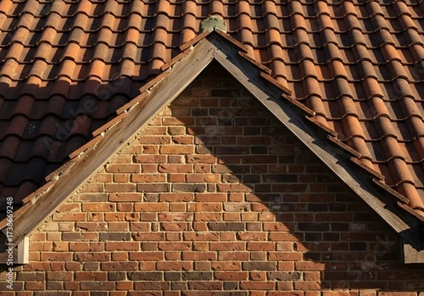 Fototapeta Gable end detail showing a red brick wall and roof tiles, highlighting building materials and construction techniques