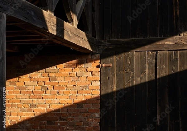 Fototapeta Architectural detail of a rustic barn with a weathered red brick wall and dark wood siding