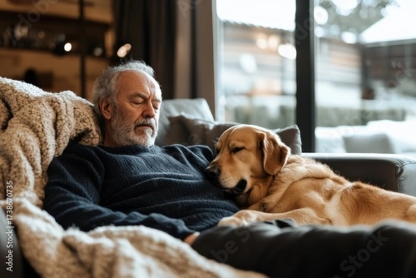 Obraz Senior man and golden retriever dog sleeping on couch