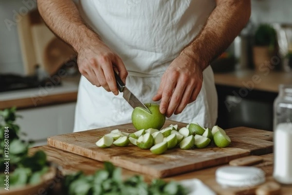 Obraz Person cutting green apple on cutting board in kitchen