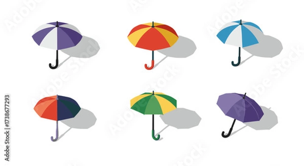 Fototapeta Colorful umbrellas in isometric style with shadows on white background
