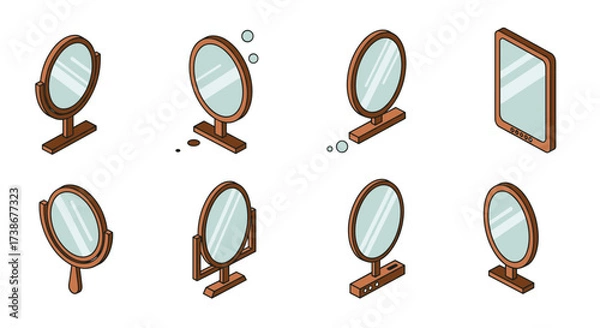 Obraz Isometric set of mirror designs with wooden frames and unique shapes