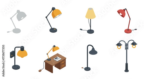 Obraz Diverse collection of modern isometric lamp designs for home and office decor