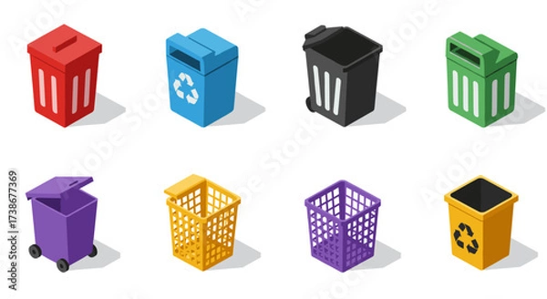 Fototapeta Colorful recycling bins in isometric design for sustainable waste management