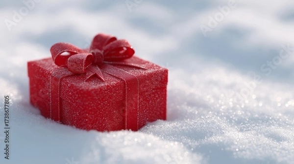 Fototapeta Winter greeting card image of a Christmas gift with a glittering bow, set against a blurred background.