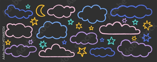 Obraz Chalk pencil clouds doodle set. Childish crayon sky, stars and moon. Pastel kids sketch. Grunge texture. Hand drawn vector illustration isolated on black background