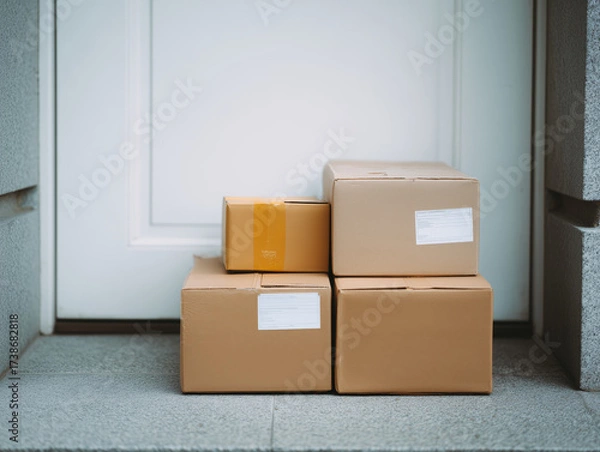 Fototapeta Shipping boxes on the porch awaiting the recipient, representing e-commerce and delivery.