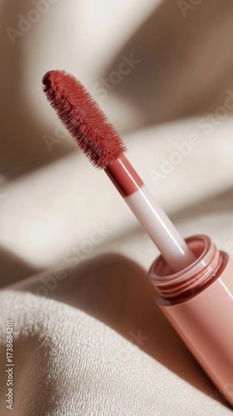 Fototapeta Close-up of a velvet matte liquid lipstick applicator in a deep mauve-pink shade on satin.