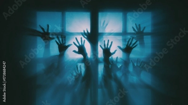 Fototapeta Multiple shadow hands reaching, pressed against a translucent blue screen, creating a surreal horror scene.