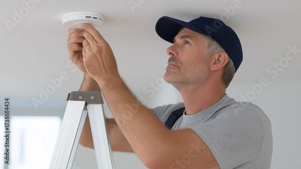 Fototapeta Mature man on a ladder installing or checking a white smoke or carbon monoxide detector on a ceiling.