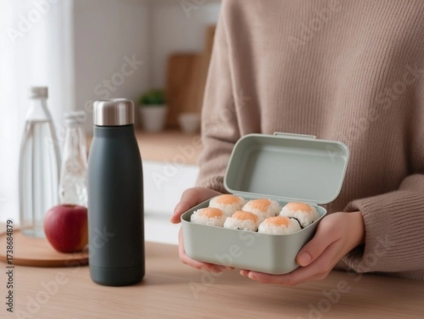 Fototapeta Horizontal shot of a hand preparing a healthy bento or meal to-go, highlighting fresh food and wellness.