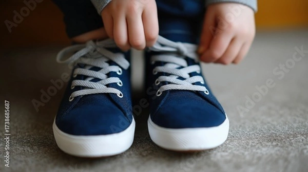 Fototapeta Kid securing a knot on a canvas shoe, symbolizing independence, learning, and skill development.