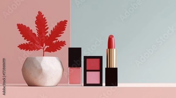 Fototapeta Modern cosmetic still life featuring a red leaf accent and beauty products with strong geometric lines and contrasting colors.