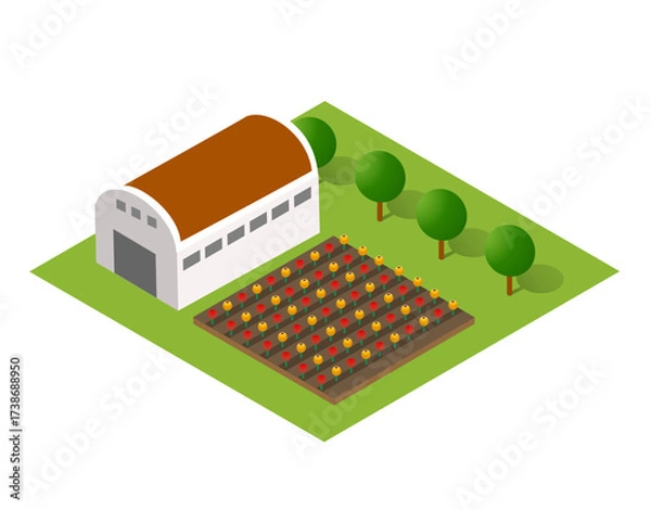 Fototapeta Isometric farm with the houses. The three-dimensional top view of a rural landscape with nature and with the town