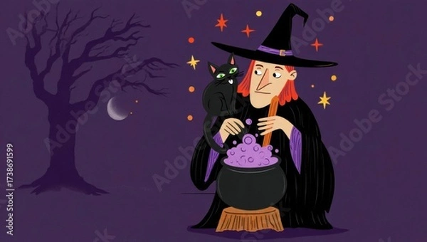 Fototapeta Witch in a cloak stirring a bubbling potion in a cauldron with a black cat on her shoulder under a moonlit, spooky halloween night, evoking magic, ritual, and mystery
