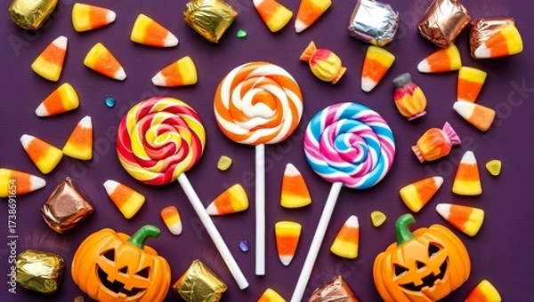 Fototapeta Halloween candy flat lay with vibrant lollipops. Classic corn treats. Foil wrapped chocolate. And festive jack o' lantern pumpkins on a purple background. Creating a cheerful