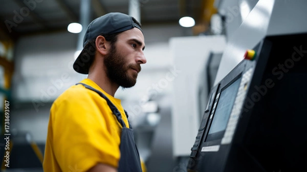 Fototapeta Industrial worker operating CNC machine with digital touchscreen interface, modern smart factory environment CNC machine, industrial worker, smart factory, automation, industry 4.0