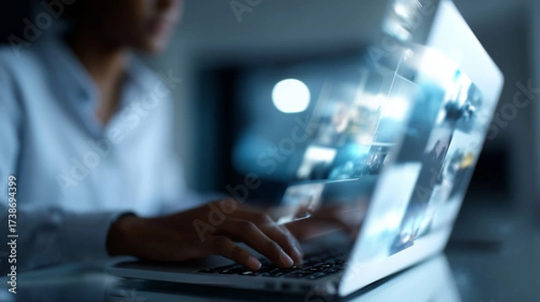 Fototapeta Young professional working on laptop with augmented reality social media feed projected in air, futuristic digital workspace augmented reality, AR social media, digital marketing,