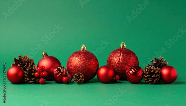Fototapeta Red Christmas ball decoration with pine cones and berries on green background, festive holiday arrangement with shiny and matte ornaments creating joyful atmosphere
