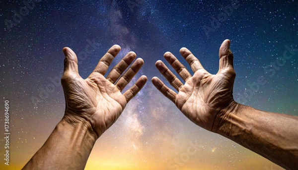 Fototapeta Open hands reaching toward starry sky with milky way and sunset horizon, symbolizing hope and connection with universe in peaceful night