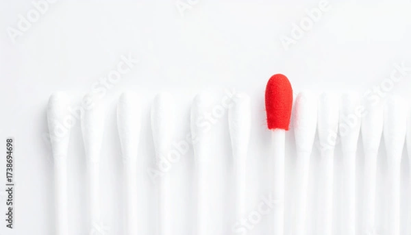Fototapeta Cotton swab with one red tip among many white tips, symbolizing uniqueness and standing out in row of identical items on white background