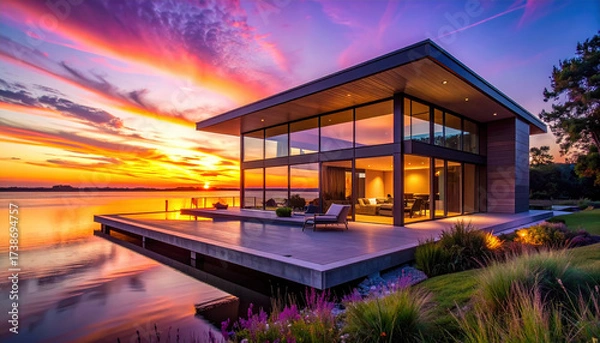 Fototapeta Modern house with large glass windows and wooden deck by lake during vibrant sunset, surrounded by lush greenery and colorful flowers, creating peaceful and warm atmosphere