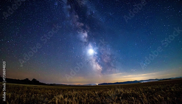 Fototapeta Milky Way galaxy shining brightly over vast field under clear starry night sky, creating peaceful and awe inspiring natural landscape scene