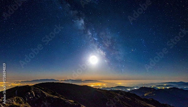 Fototapeta Night sky with bright full moon and Milky Way over mountain landscape and city lights glowing in distance, creating peaceful and awe inspiring atmosphere