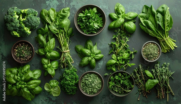 Fototapeta Fresh green herbs and broccoli arranged on dark surface, showcasing variety of leafy vegetables and dried herbs in bowls, evoking fresh and healthy cooking vibe