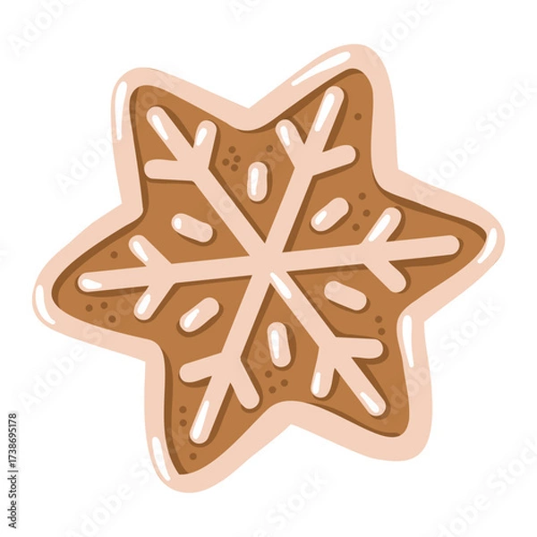 Fototapeta Cute cartoon gingerbread cookie snowflake. Hand drawn vector isolated illustration. 