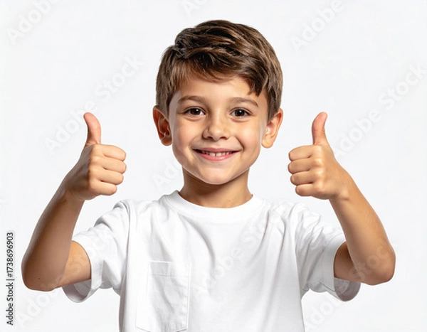 Fototapeta Smiling boy showing thumbs up with both hands, happy child wearing white t shirt expressing positivity and confidence, isolated on white background