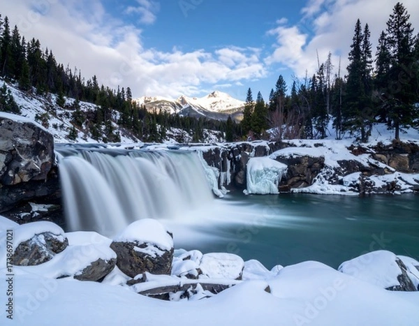 Fototapeta Winter waterfall in a snowy landscape